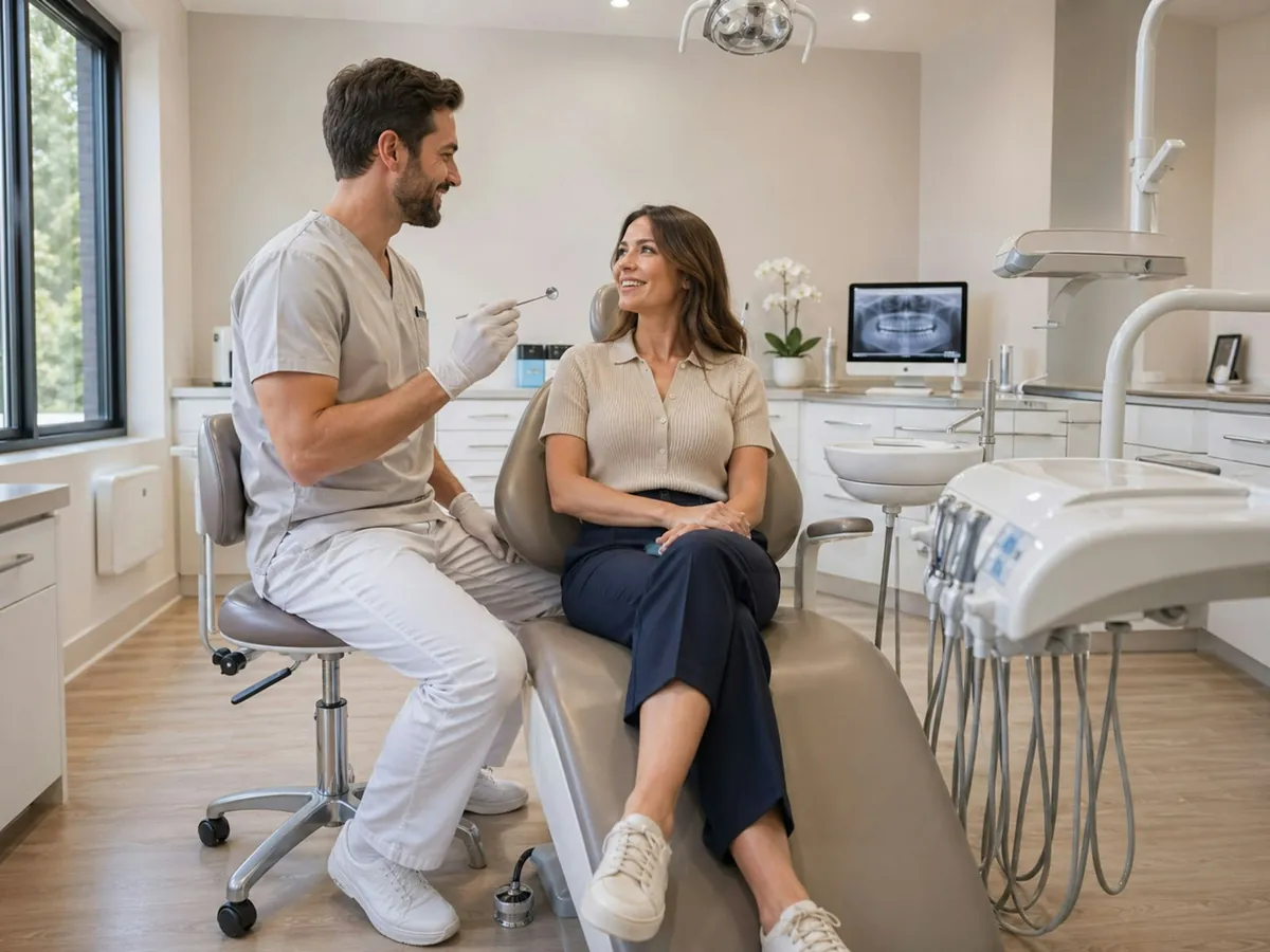 Dentista conversando com a paciente na cadeira do consultório